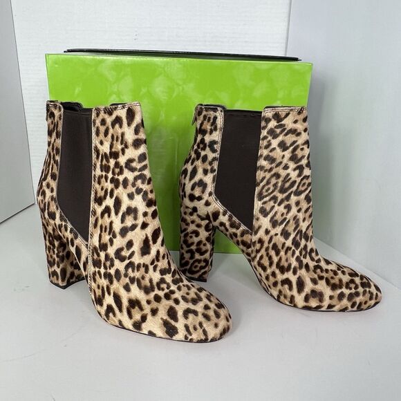 New Sam Edelman Bootie Size 8.5 Brown Leopard Calf Hair Chelsea Heels Boots - Picture 1 of 12